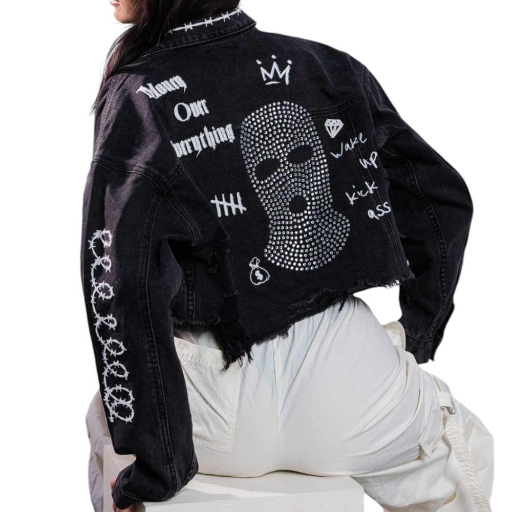 Trio Urban Cropped Denim Jacket - Black Masked Rhinestone